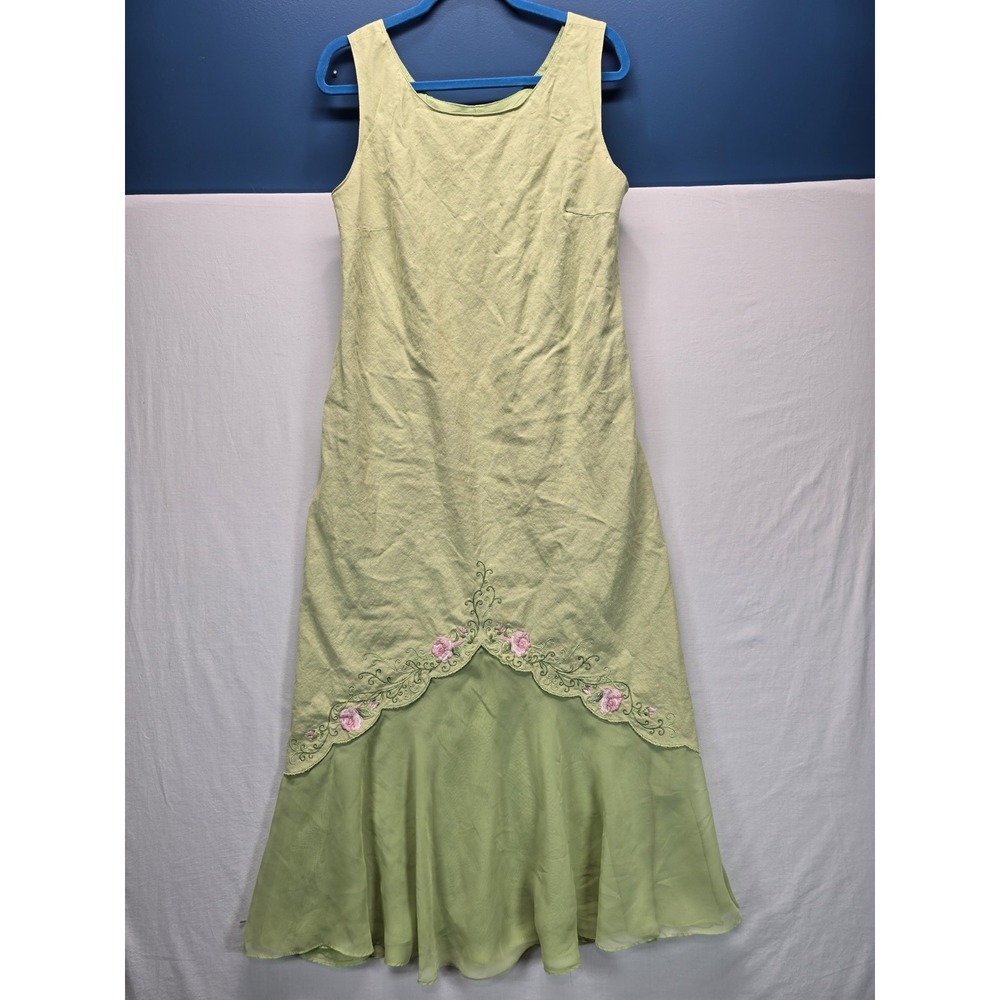 Plaza South Linen Dress Size 12 Green Floral Embroidered Cottagecore Maxi 2008